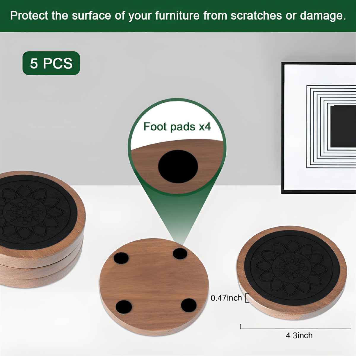 Wooden Coasters with Felt Backing, Set of Five in Black - Image 6
