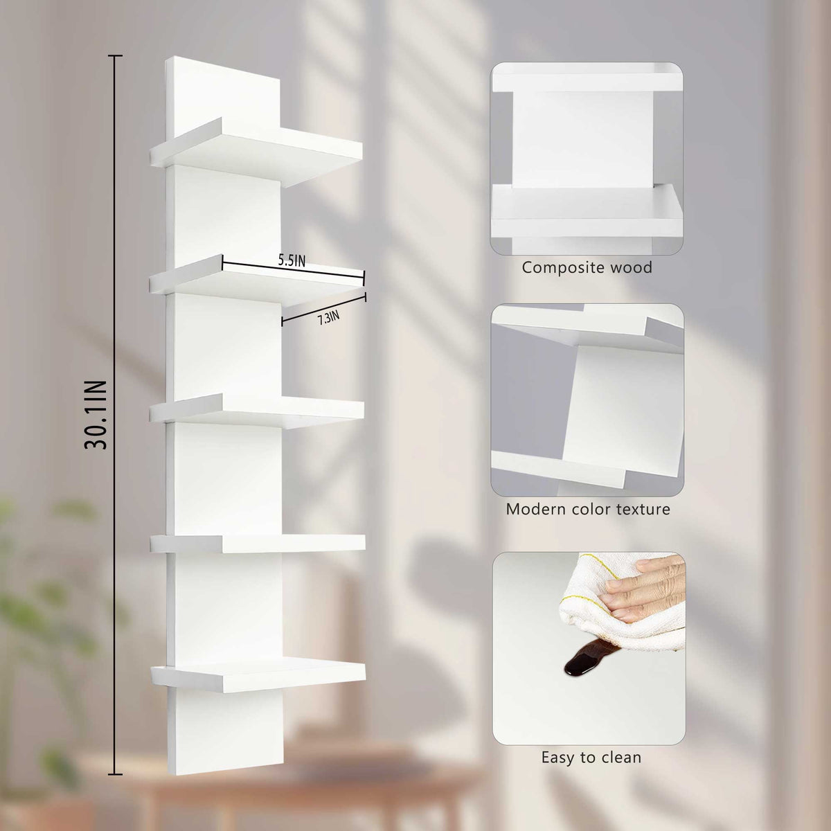 Five-Tier Floating Wall Shelf, 31 Inches Long for Books and Small Decor - Image 4