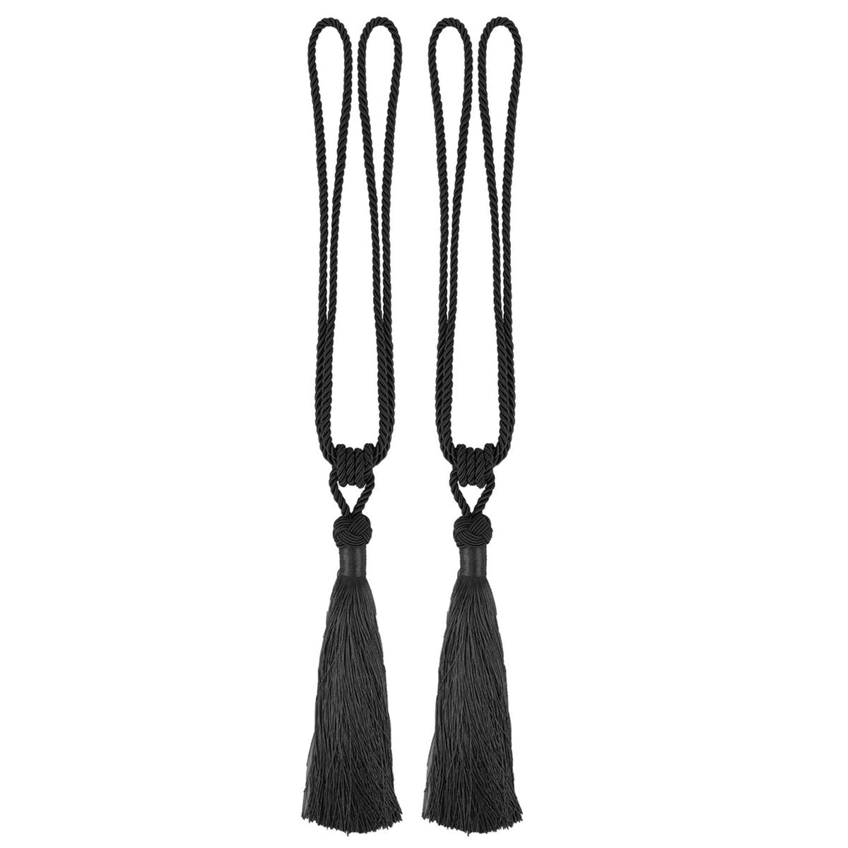 Tassel Curtain Tiebacks, Pair of Hand-Woven Ropes in Black Polyester