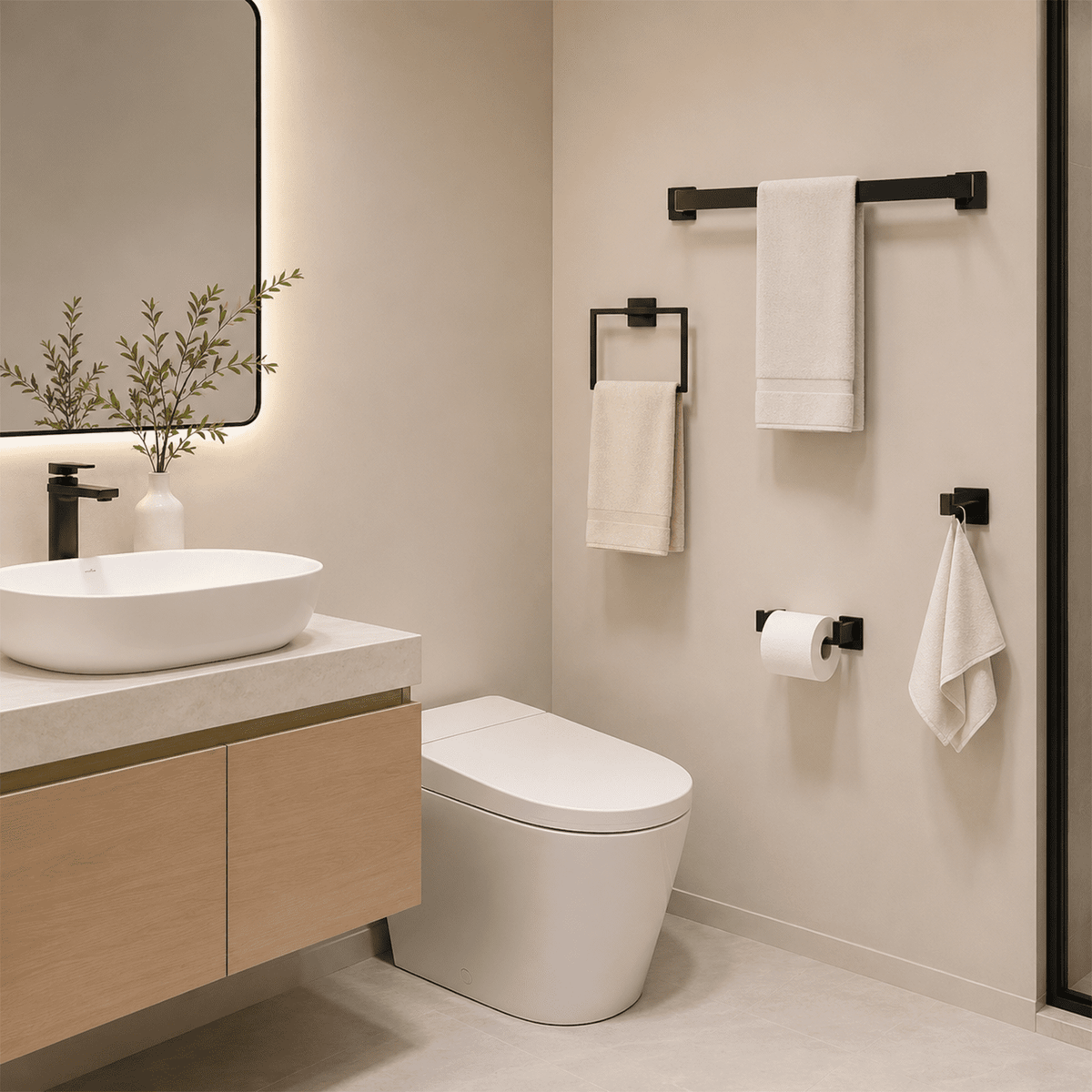 Five-Piece Matte Black Bathroom Hardware Set with 23.6-Inch Towel Bar - Image 5