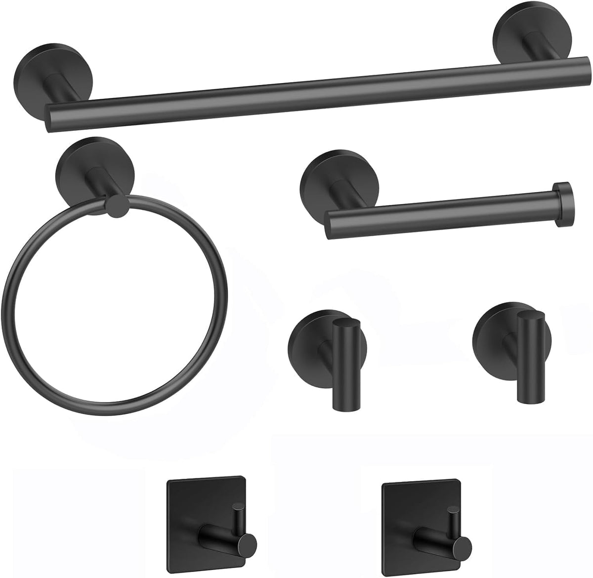 Seven-Piece Matte Black Bath Hardware Set with 16-Inch Towel Bar and Hooks