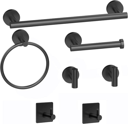 Seven-Piece Matte Black Bath Hardware Set with 16-Inch Towel Bar and Hooks