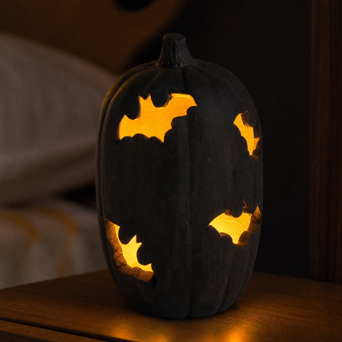 Weathered Resin Pumpkin Candle Holder with Cut-Out Bat Details - Image 5