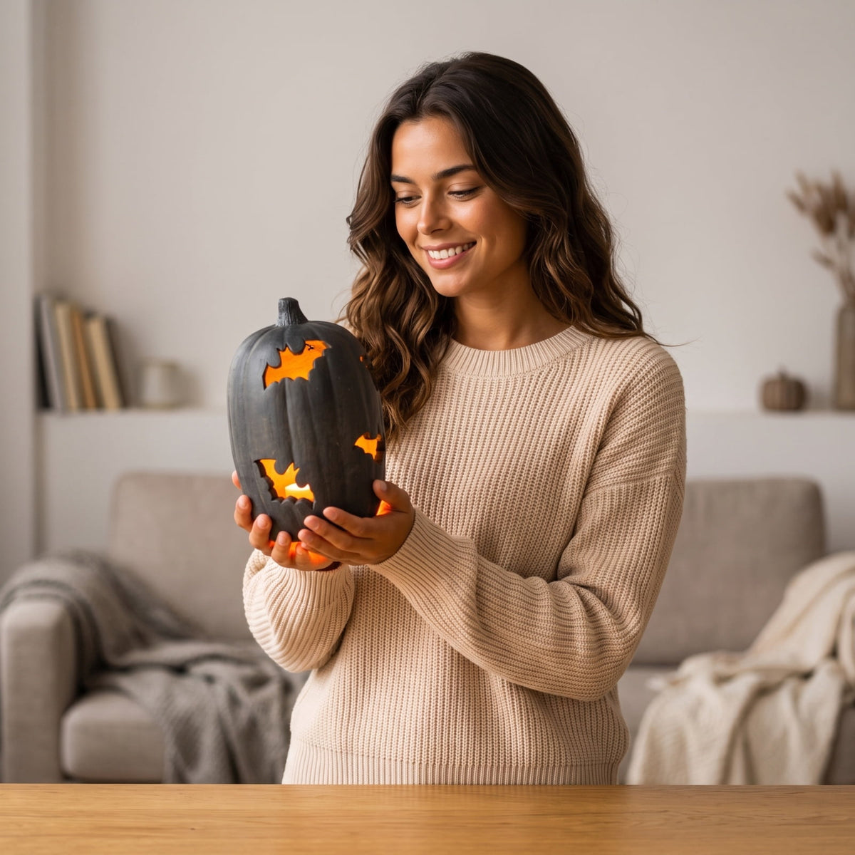 Weathered Resin Pumpkin Candle Holder with Cut-Out Bat Details - Image 6
