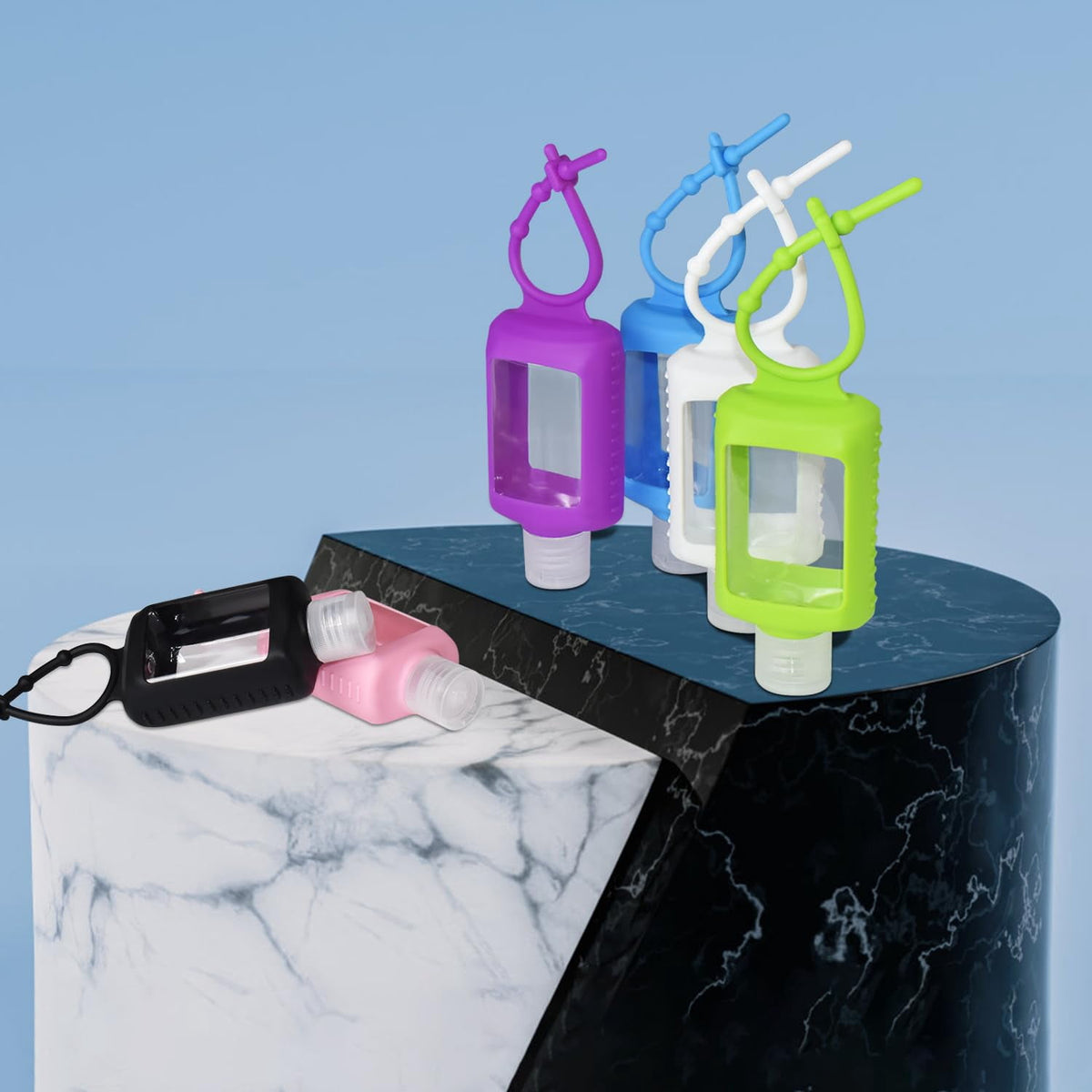 Refillable 2 oz Travel Bottles, Set of Seven with Silicone Sleeves and Flip Caps - Image 5