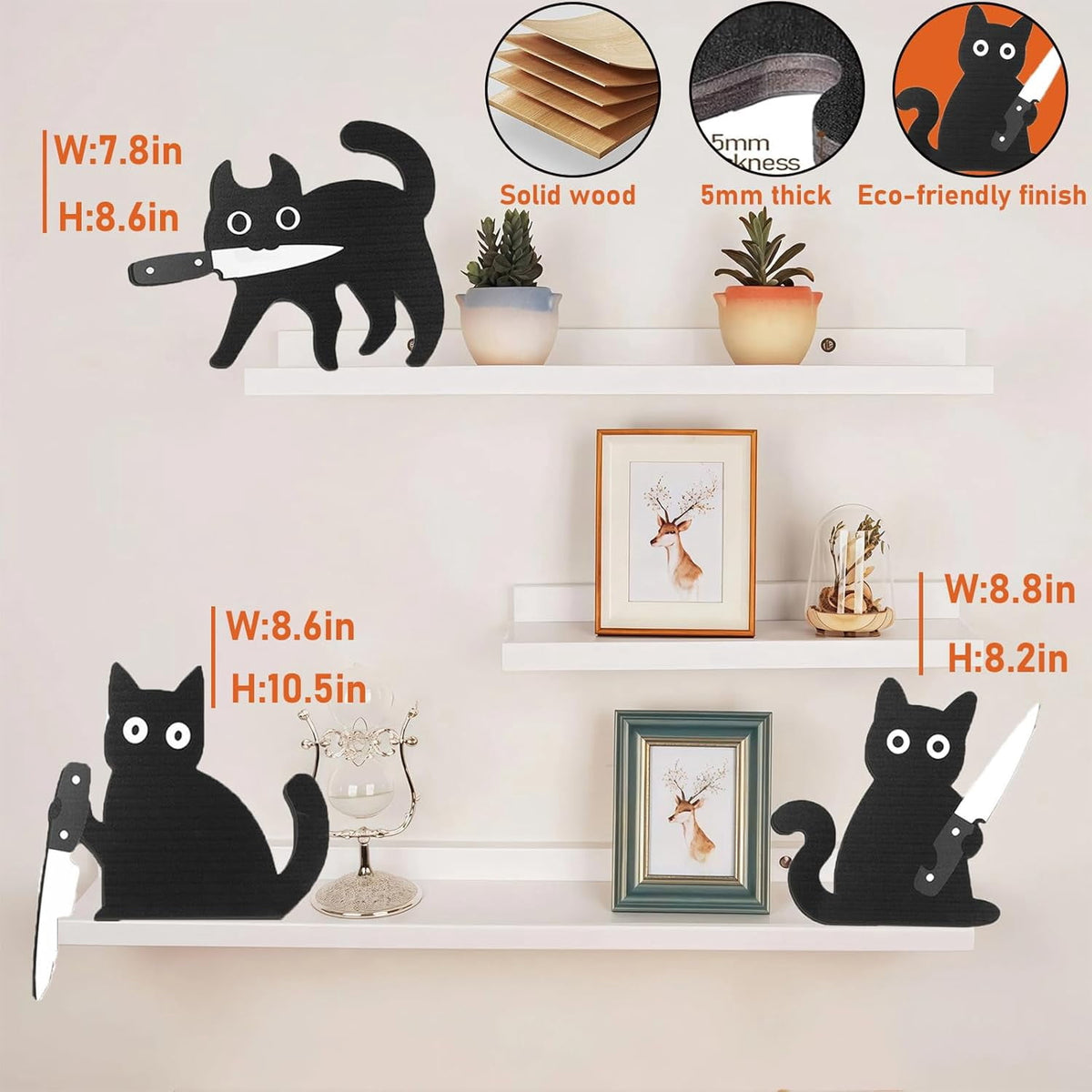 Wooden Black Cat Door-Corner Decorations, Set of Three at 8.6 Inches - Image 4