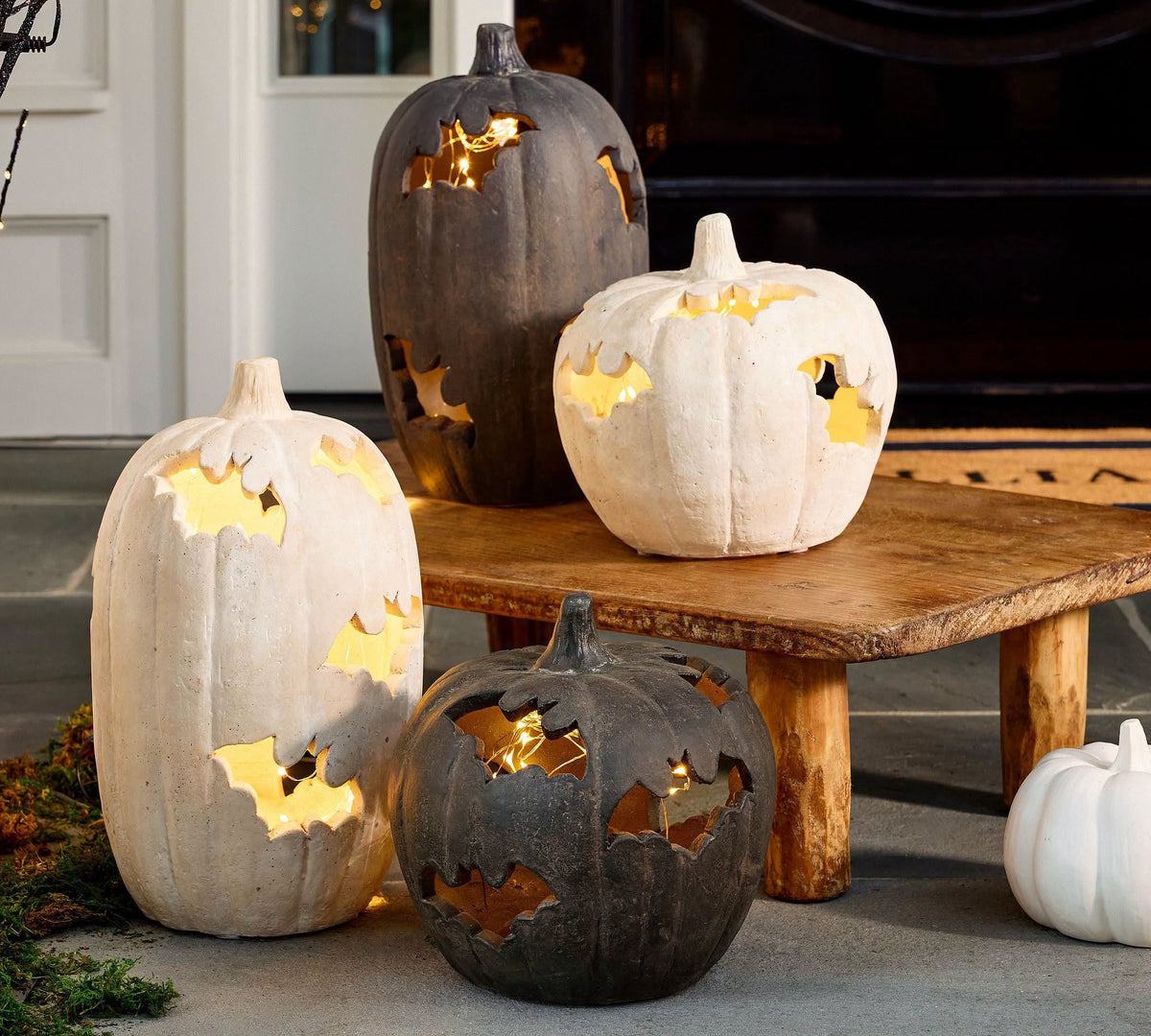 Weathered Resin Pumpkin Candle Holder with Cut-Out Bat Details - Image 2