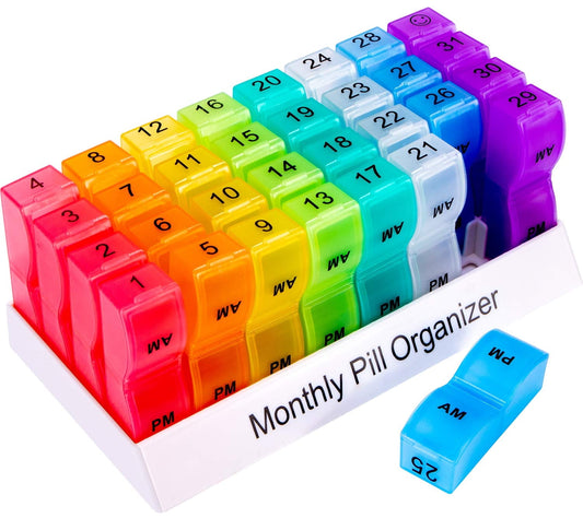 Monthly Pill Organizer with Morning and Evening Compartments for 31 Days