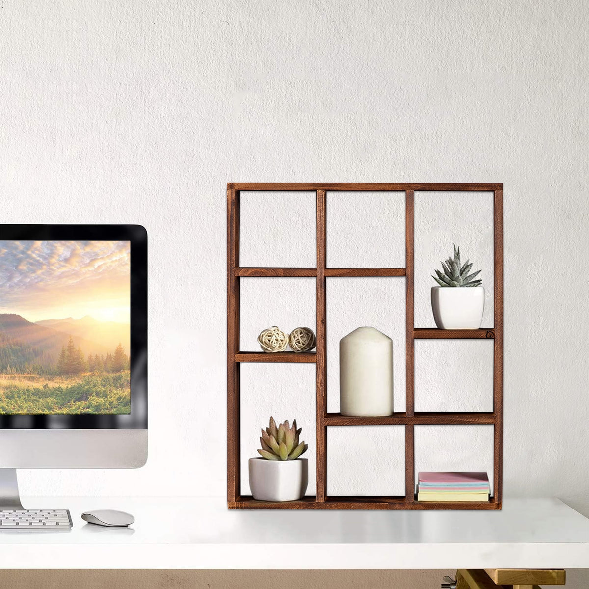Nine-Cube Wooden Display Shelf in Rustic Brown, Wall-Mounted or Free-Standing - Image 3