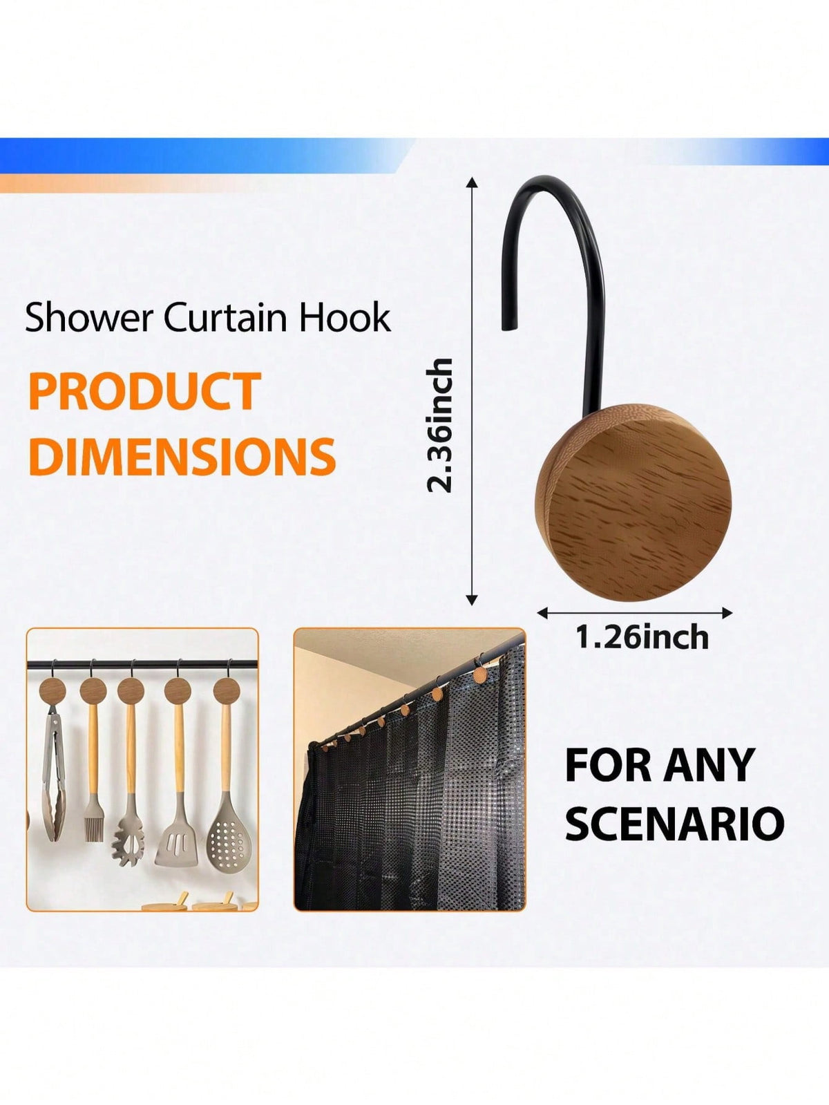 Shower Curtain Hooks with Round Wooden Discs, Twelve Rust-Resistant S-Hooks - Image 2