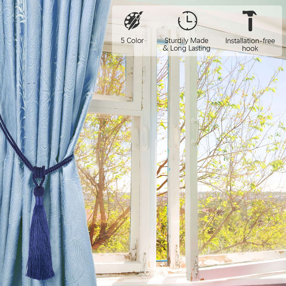 Tassel Curtain Tiebacks, Pair of Hand-Woven Ropes in Black Polyester - Image 5