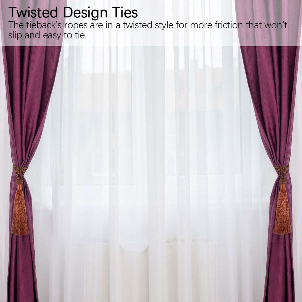 Tassel Curtain Tiebacks, Pair of Hand-Woven Ropes in Black Polyester - Image 6