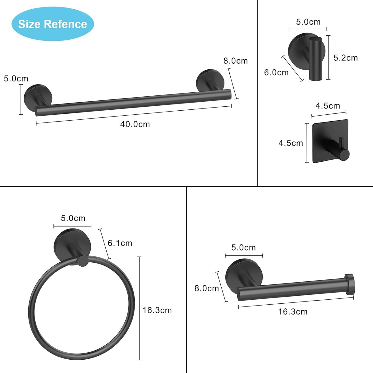 Seven-Piece Matte Black Bath Hardware Set with 16-Inch Towel Bar and Hooks - Image 6