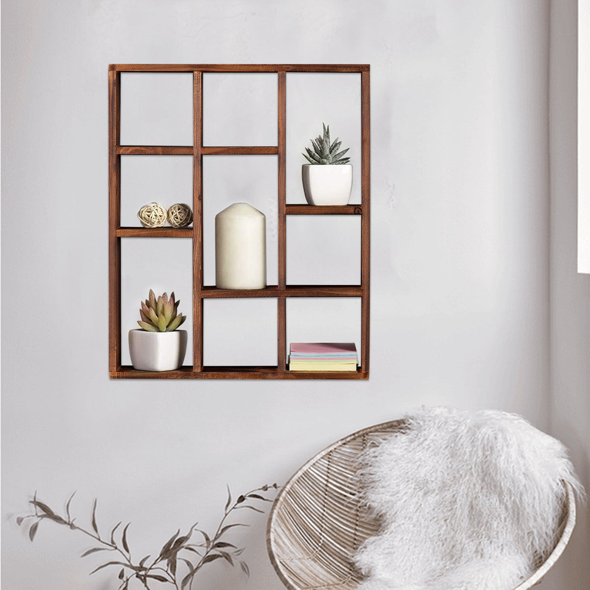 Nine-Cube Wooden Display Shelf in Rustic Brown, Wall-Mounted or Free-Standing - Image 6