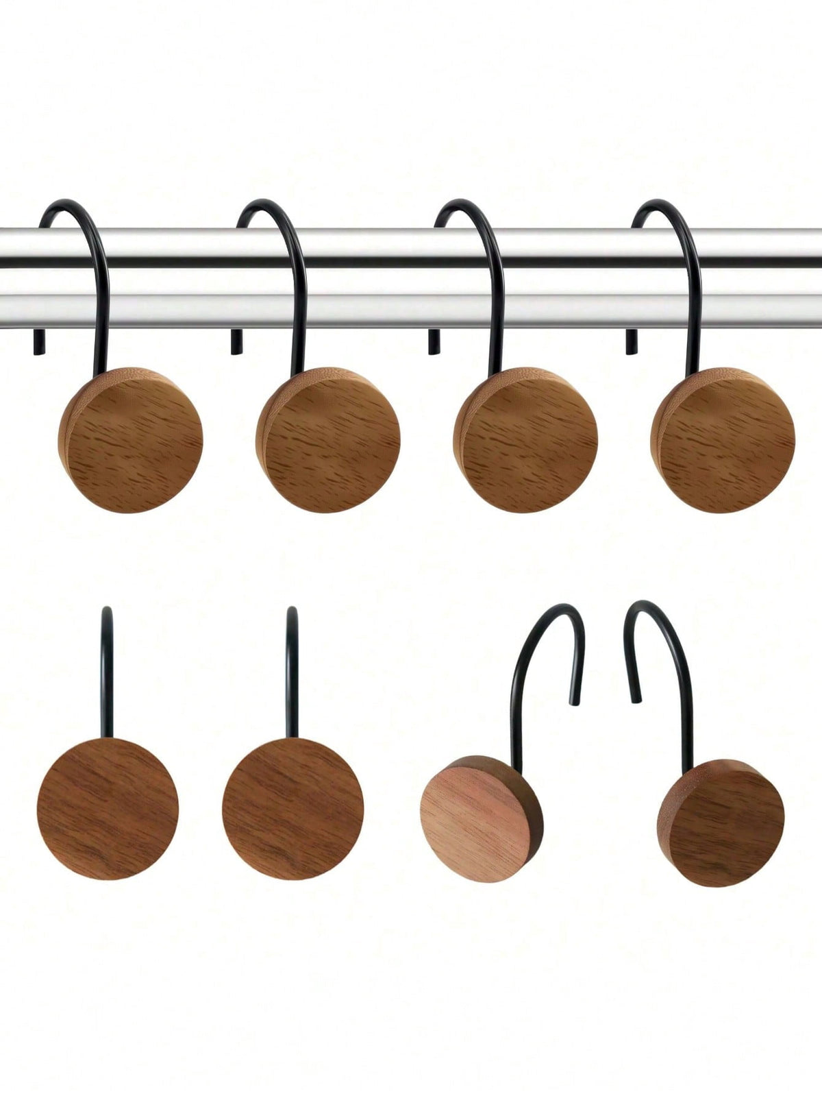 Shower Curtain Hooks with Round Wooden Discs, Twelve Rust-Resistant S-Hooks