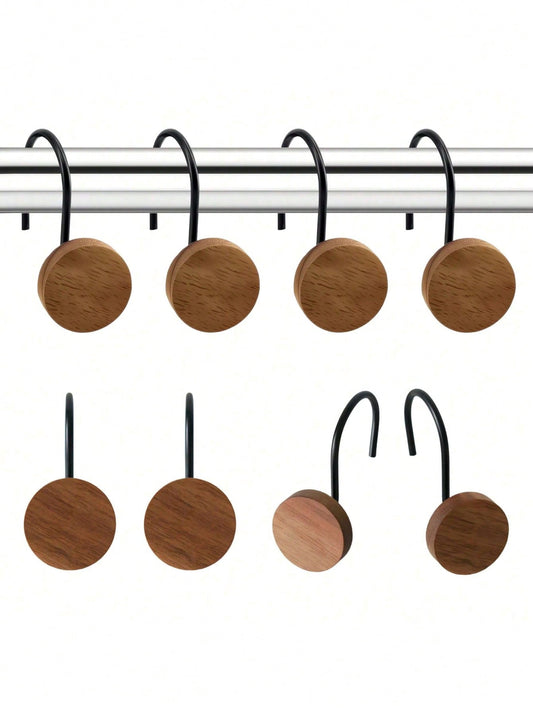 Shower Curtain Hooks with Round Wooden Discs, Twelve Rust-Resistant S-Hooks