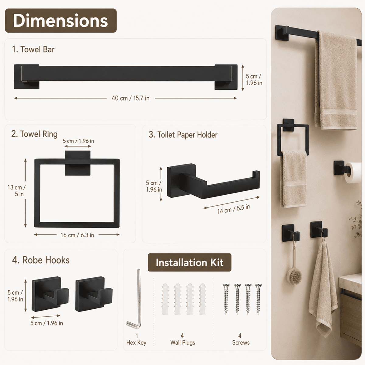Five-Piece Matte Black Bathroom Hardware Set with 23.6-Inch Towel Bar - Image 3