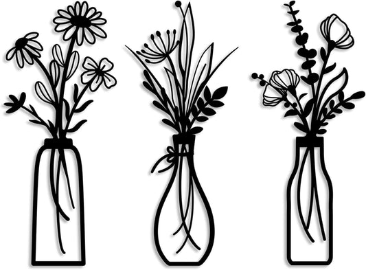 Metal Flower Wall Art, Set of Three Black Silhouette Panels at 6 by 13.7 Inches