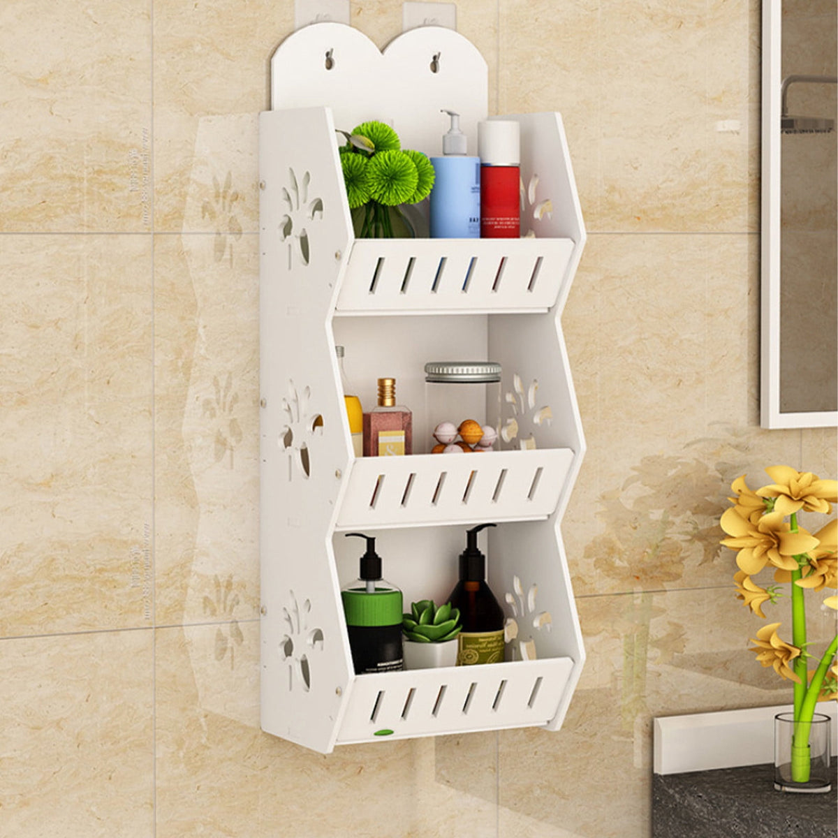 Three-Tier Adhesive Bathroom Shelf in White PVC, No Drilling Needed - Image 5