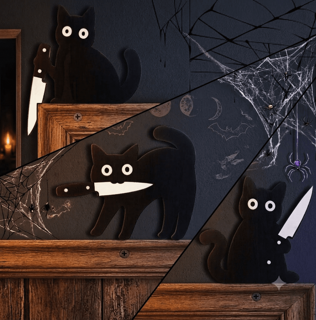 Wooden Black Cat Door-Corner Decorations, Set of Three at 8.6 Inches - Image 3