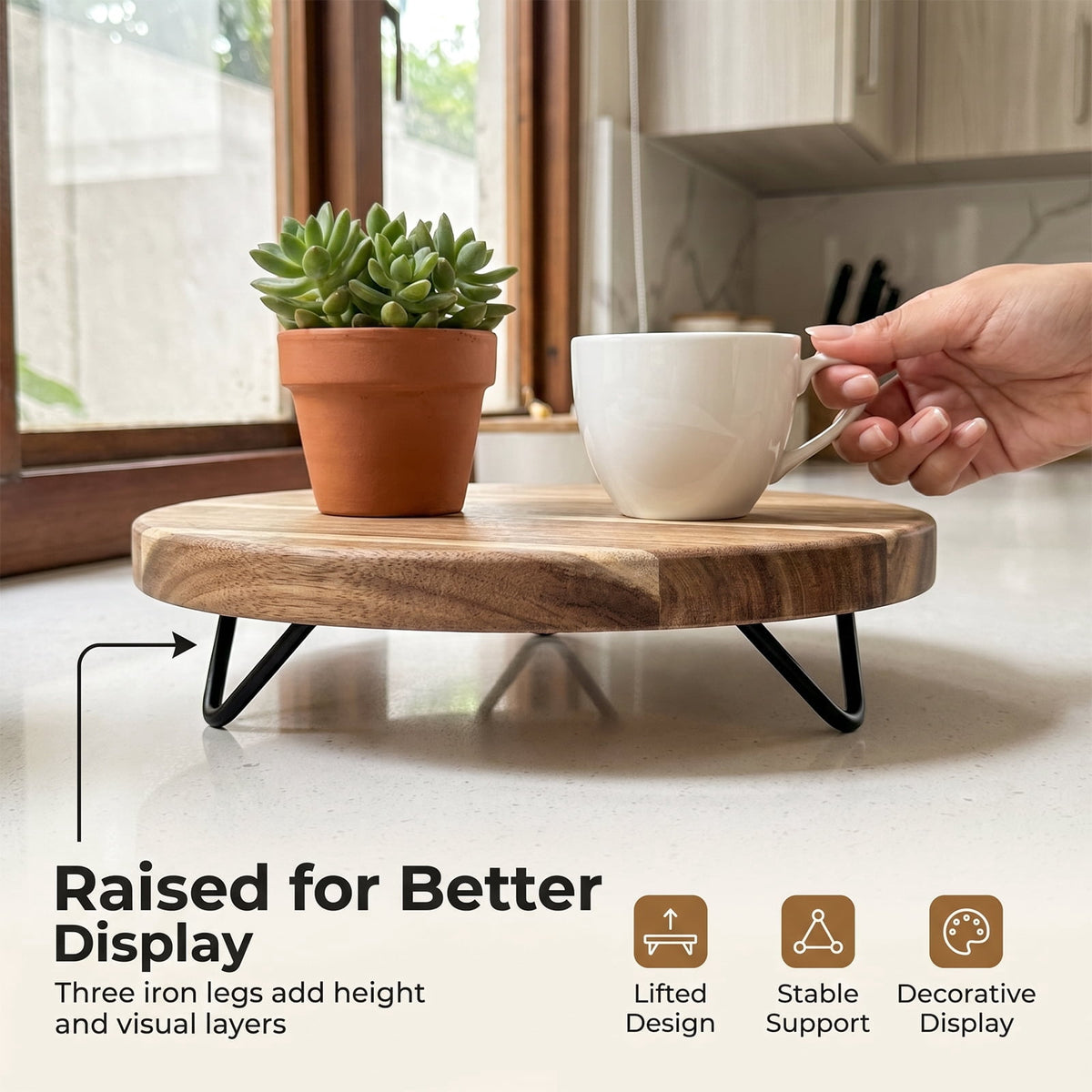 Round Acacia Wood Riser Tray, 10-Inch Pedestal for Counter Display - Image 2