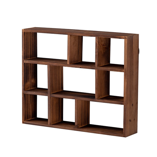 Nine-Cube Wooden Display Shelf in Rustic Brown, Wall-Mounted or Free-Standing