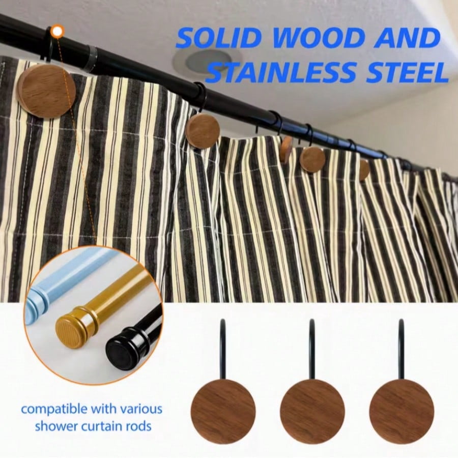 Shower Curtain Hooks with Round Wooden Discs, Twelve Rust-Resistant S-Hooks - Image 4