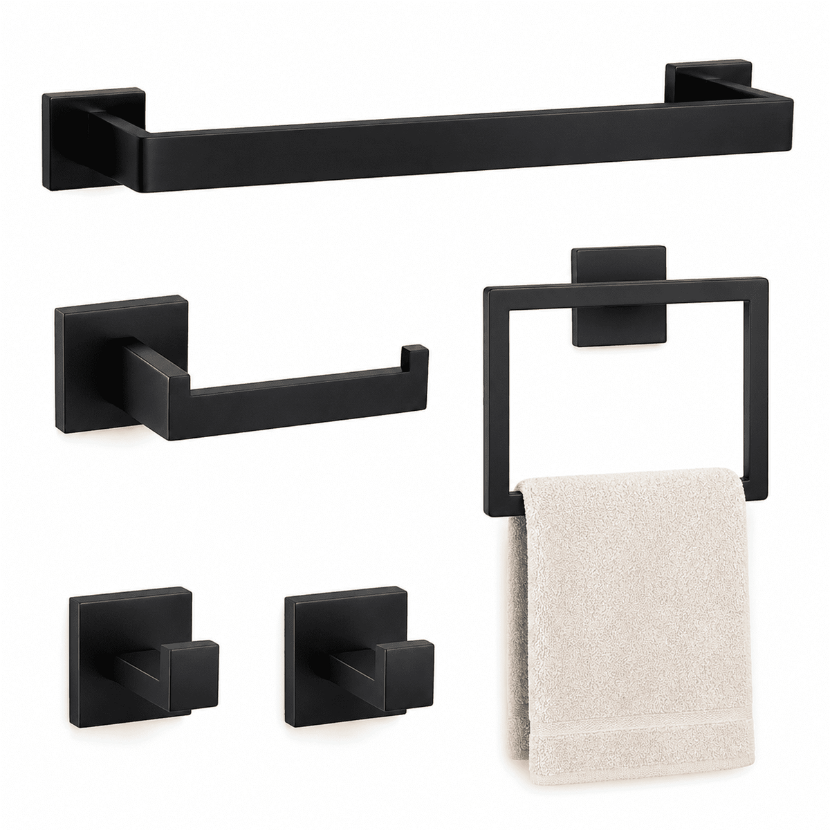 Five-Piece Matte Black Bathroom Hardware Set with 23.6-Inch Towel Bar