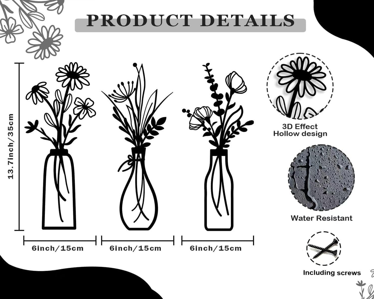 Metal Flower Wall Art, Set of Three Black Silhouette Panels at 6 by 13.7 Inches - Image 2