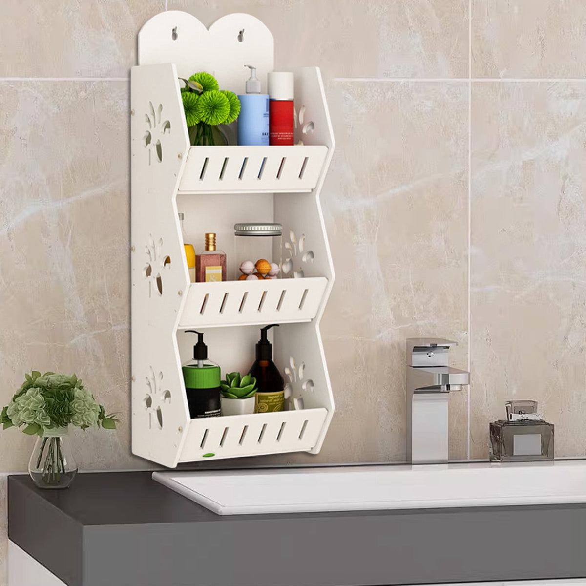 Three-Tier Adhesive Bathroom Shelf in White PVC, No Drilling Needed - Image 4
