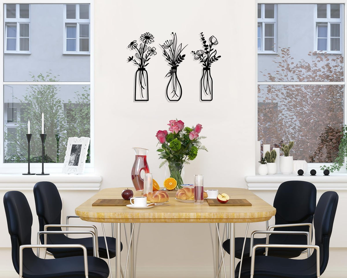 Metal Flower Wall Art, Set of Three Black Silhouette Panels at 6 by 13.7 Inches - Image 5