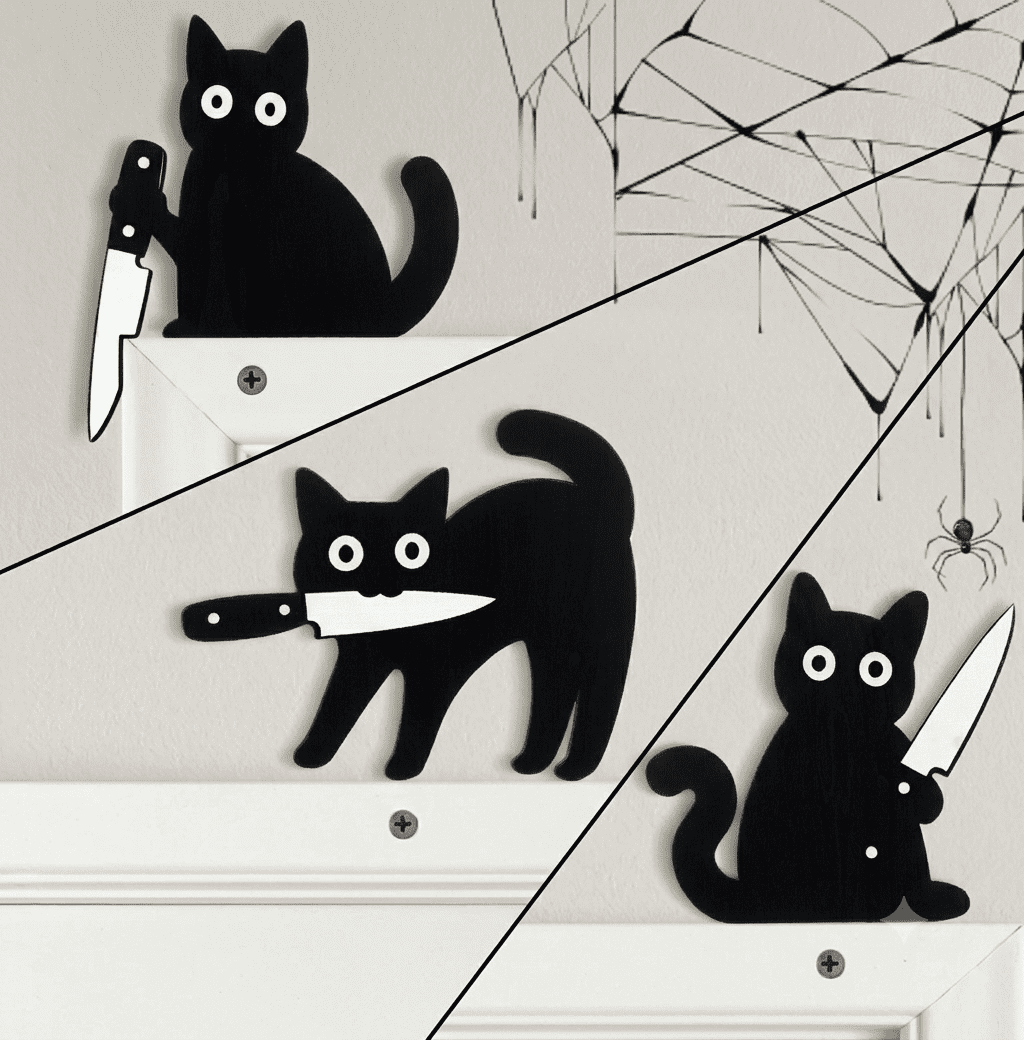 Wooden Black Cat Door-Corner Decorations, Set of Three at 8.6 Inches - Image 2