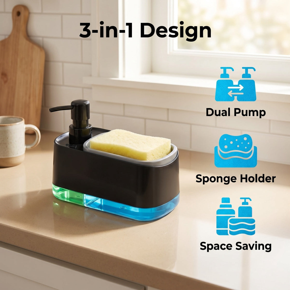 Dual Soap Dispenser with Built-In Sponge Tray for the Kitchen or Bathroom Sink - Image 2
