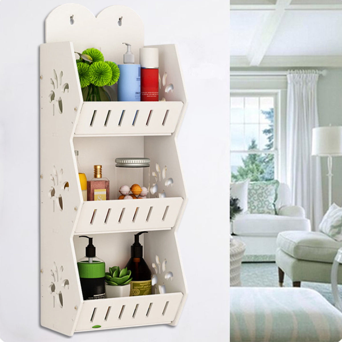 Three-Tier Adhesive Bathroom Shelf in White PVC, No Drilling Needed - Image 6