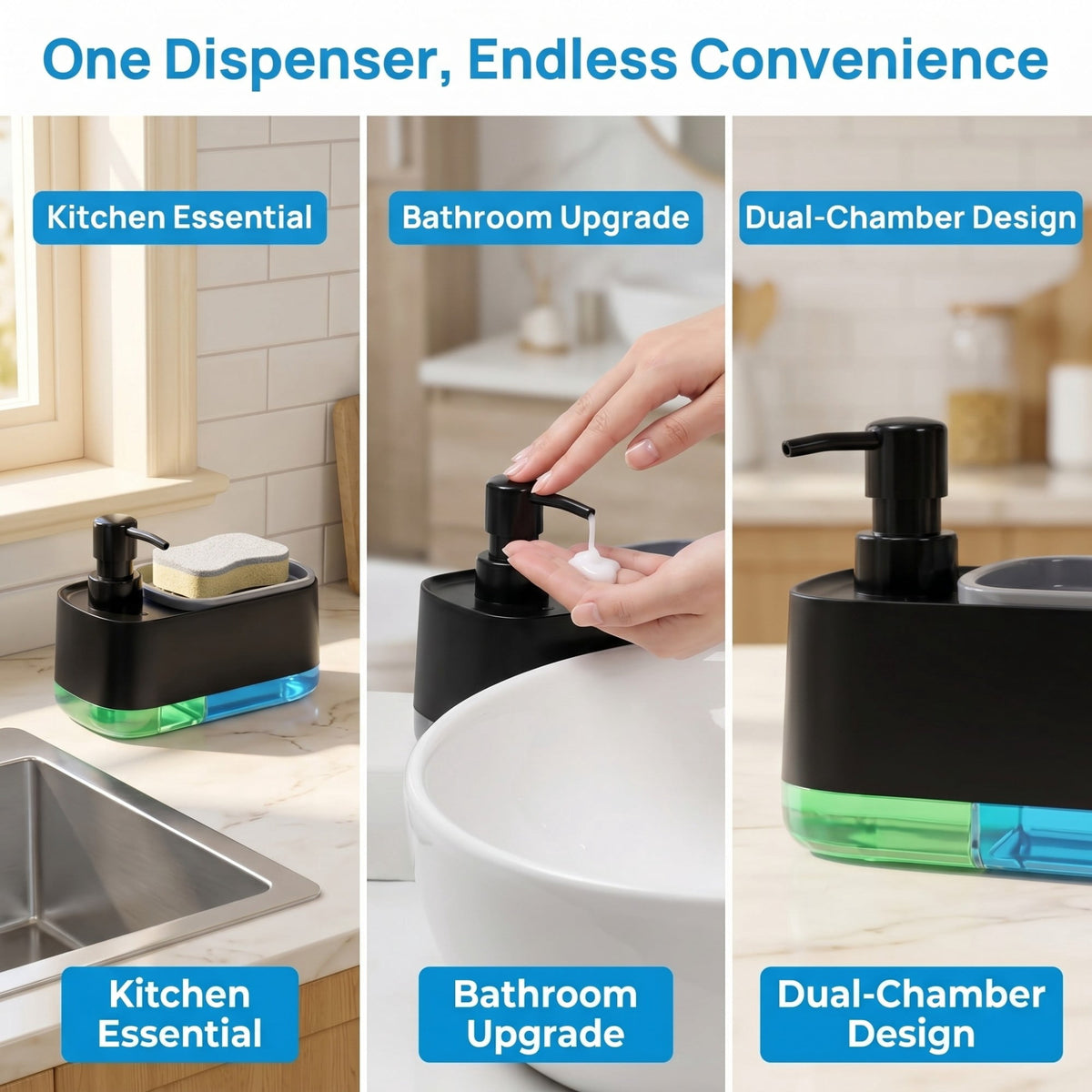 Dual Soap Dispenser with Built-In Sponge Tray for the Kitchen or Bathroom Sink - Image 6