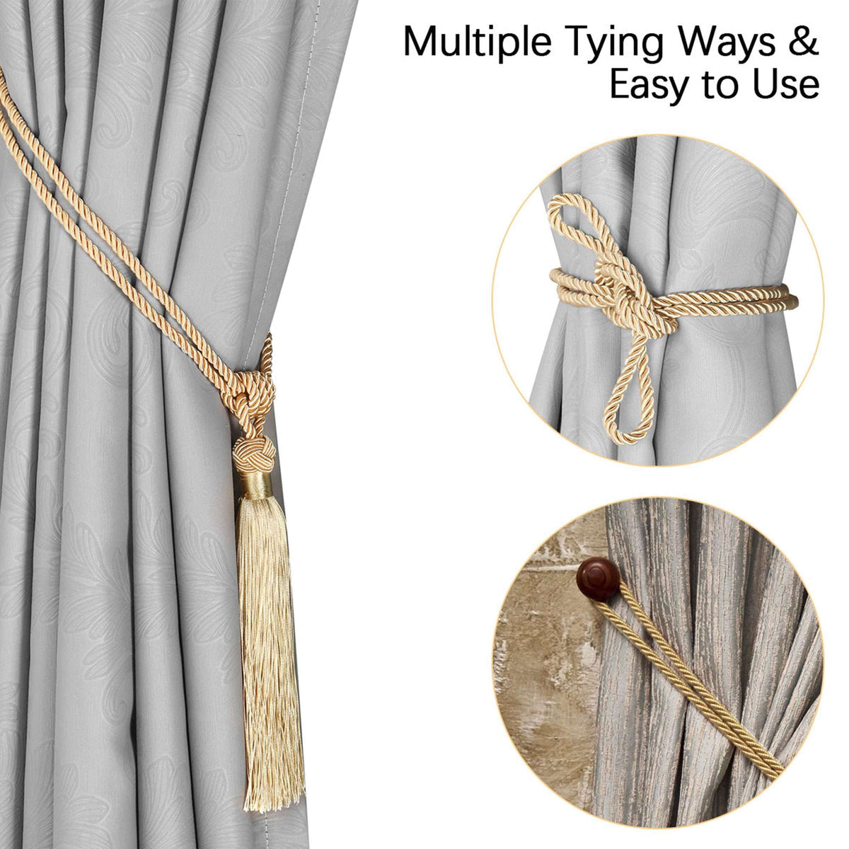 Tassel Curtain Tiebacks, Pair of Hand-Woven Ropes in Black Polyester - Image 3