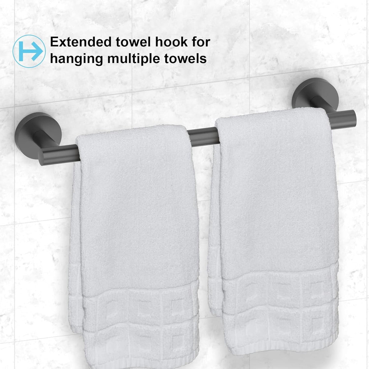 Seven-Piece Matte Black Bath Hardware Set with 16-Inch Towel Bar and Hooks - Image 3