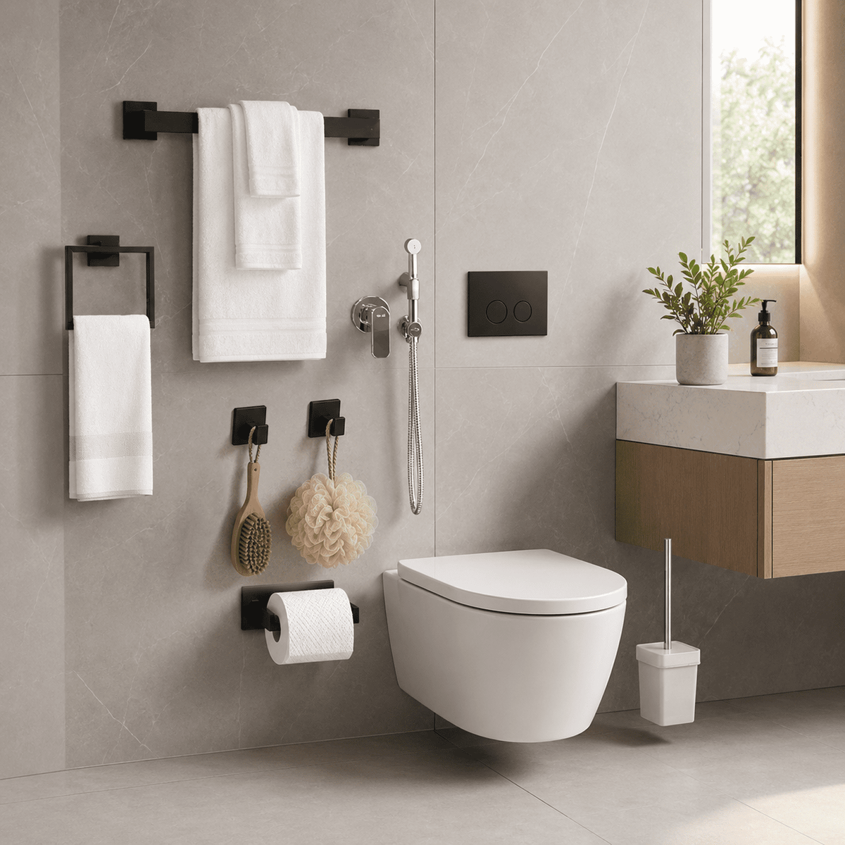 Five-Piece Matte Black Bathroom Hardware Set with 23.6-Inch Towel Bar - Image 4