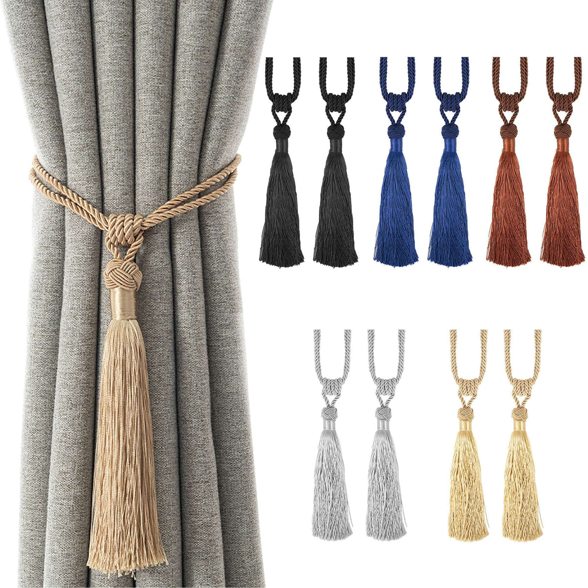 Tassel Curtain Tiebacks, Pair of Hand-Woven Ropes in Black Polyester - Image 2