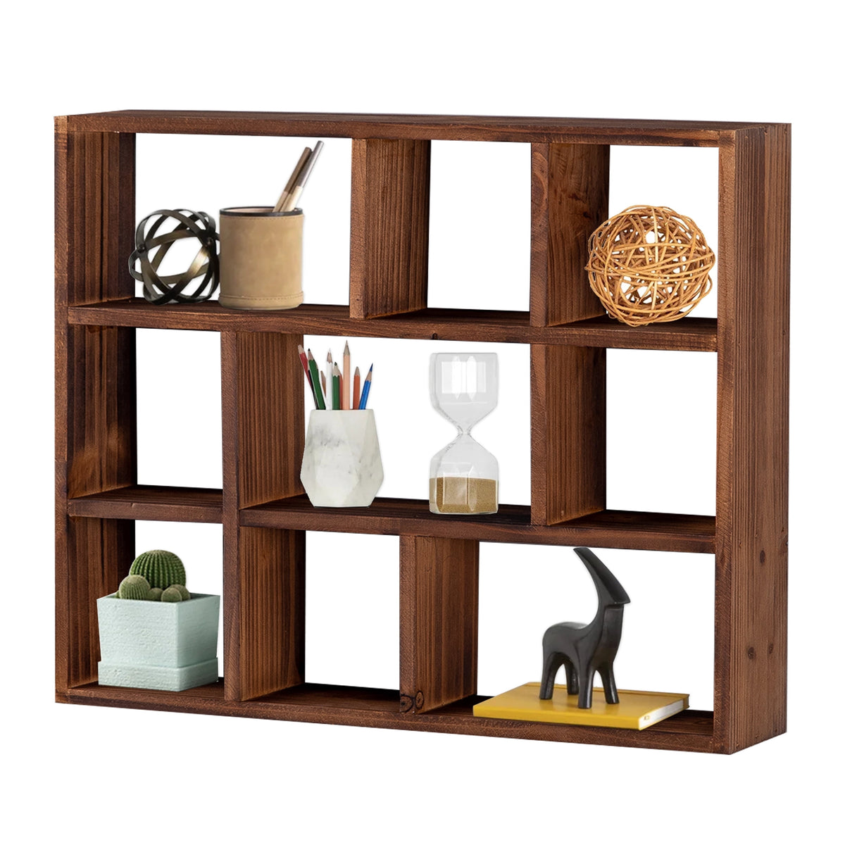 Nine-Cube Wooden Display Shelf in Rustic Brown, Wall-Mounted or Free-Standing - Image 2