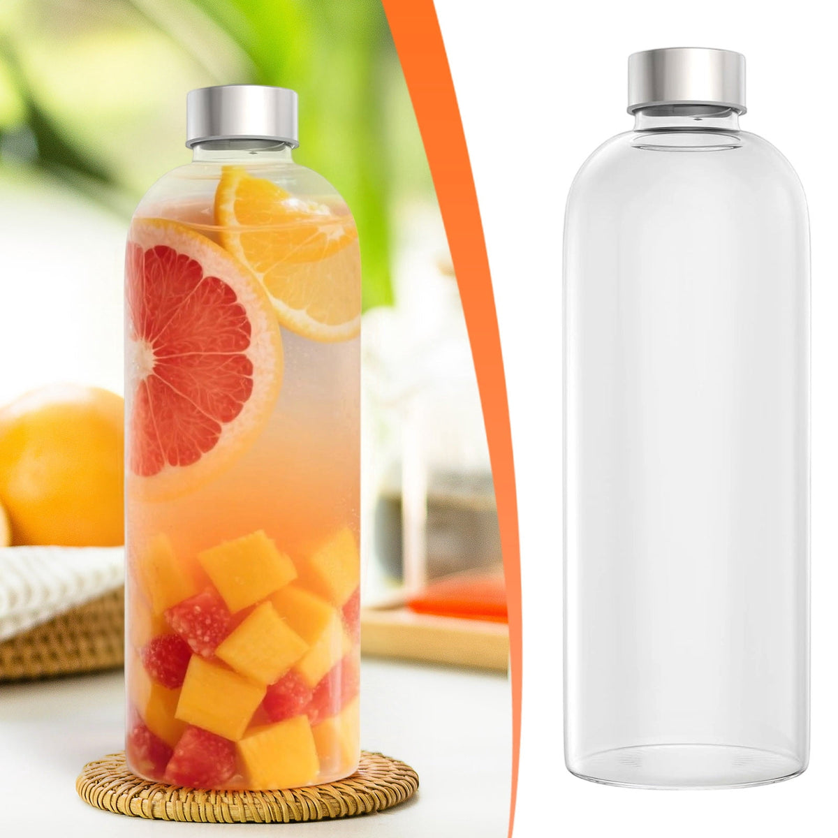 Borosilicate Glass Water Bottle, 1000 ml with Polished Stainless Steel Lid - Image 2