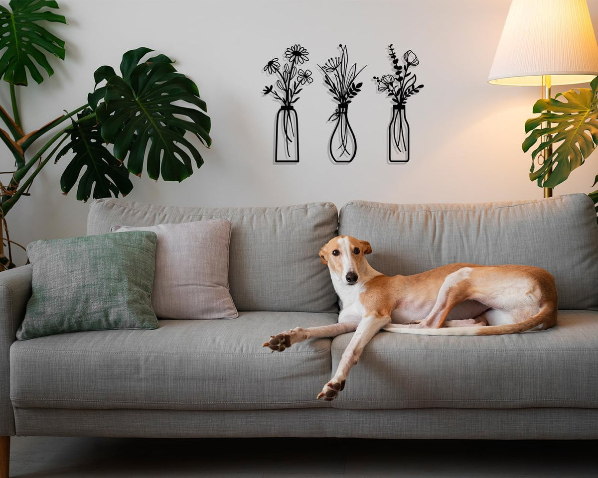 Metal Flower Wall Art, Set of Three Black Silhouette Panels at 6 by 13.7 Inches - Image 3
