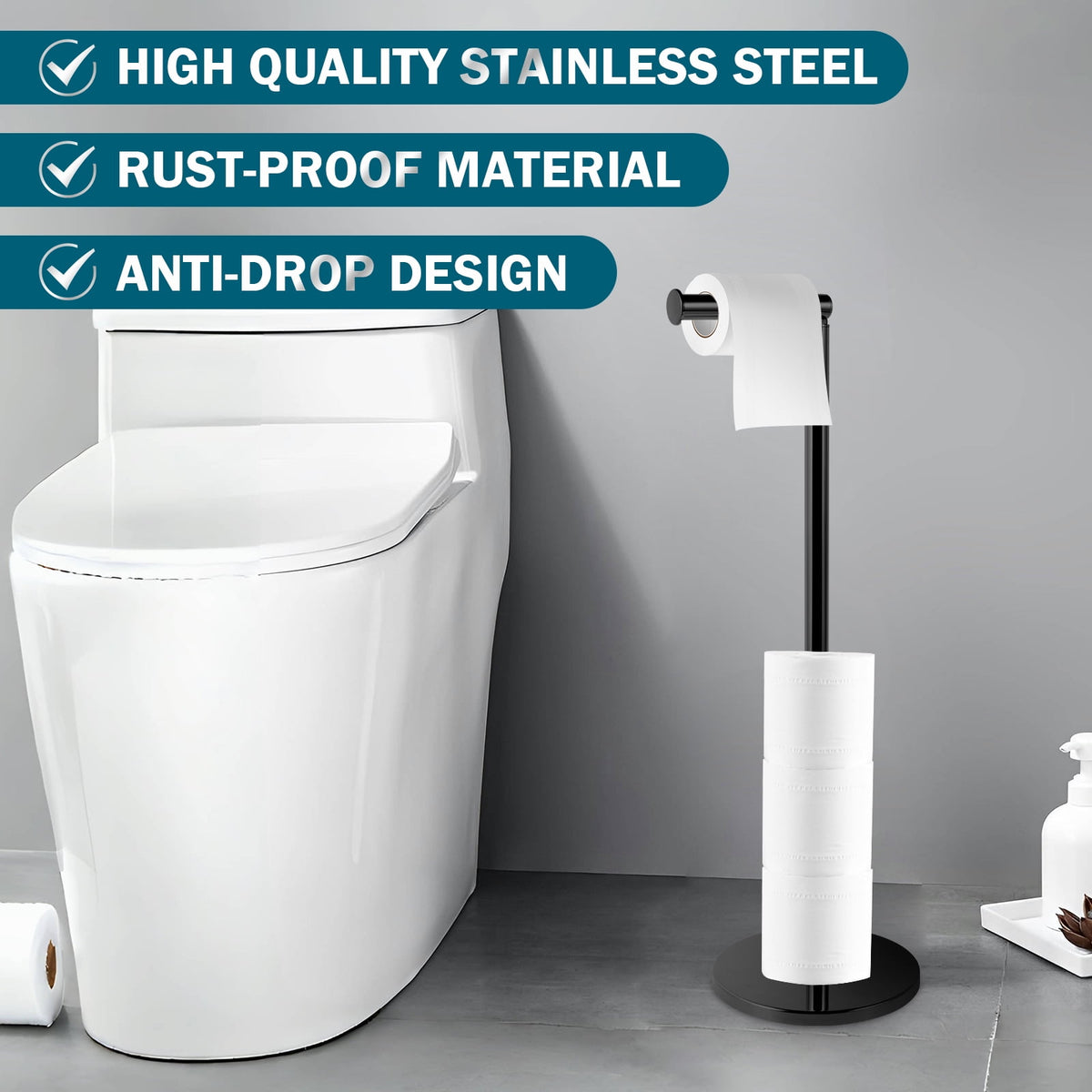 Free-Standing Toilet Roll Holder with Top Shelf in Polished Stainless Steel - Image 5