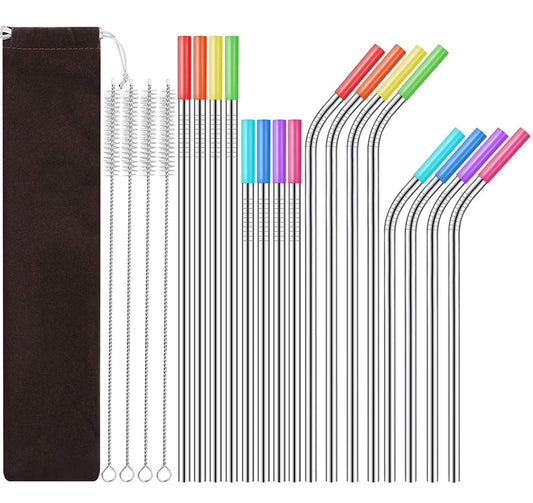 Reusable Stainless Steel Straw Set with Silicone Tips, Brushes and Travel Pouch