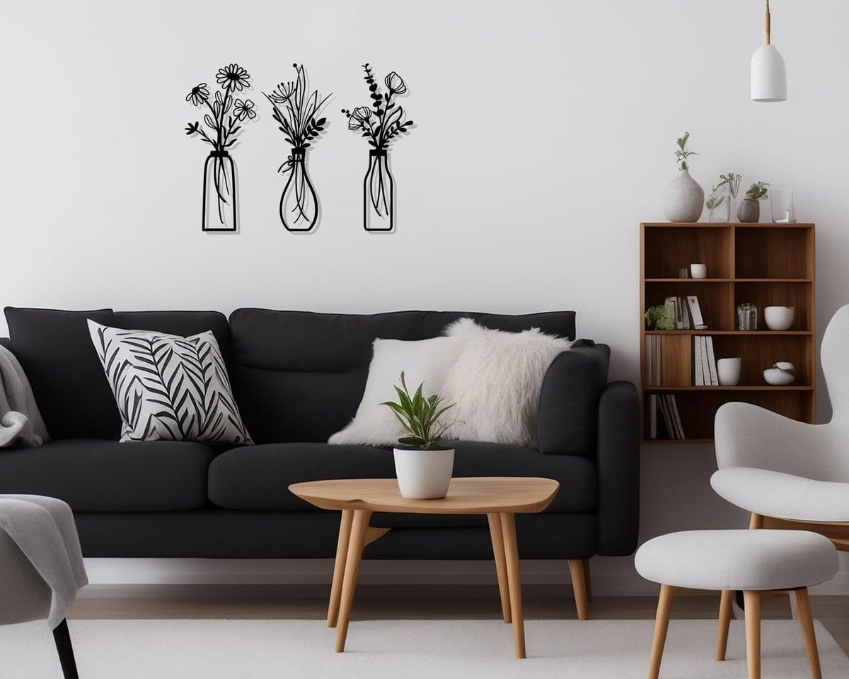Metal Flower Wall Art, Set of Three Black Silhouette Panels at 6 by 13.7 Inches - Image 6