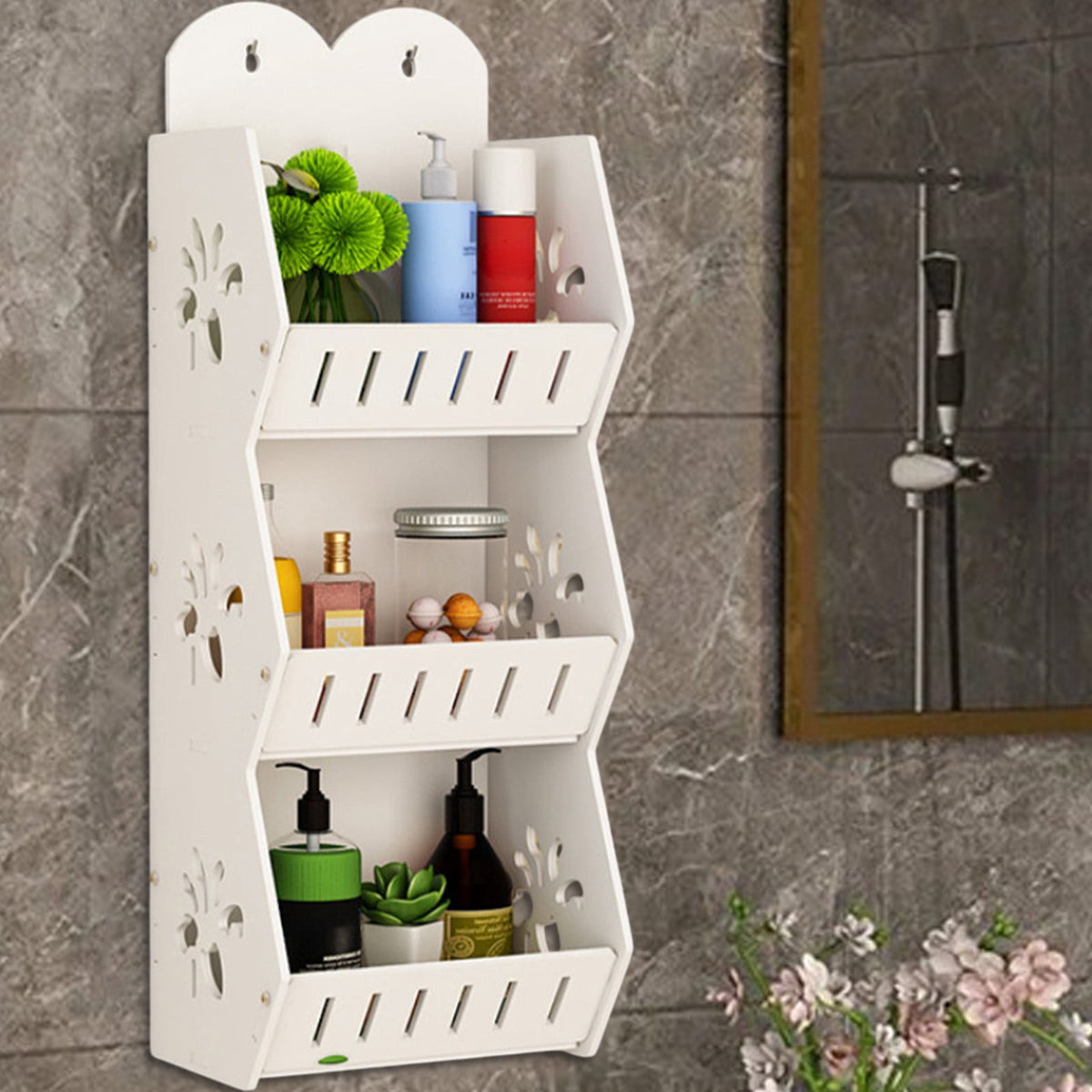 Three-Tier Adhesive Bathroom Shelf in White PVC, No Drilling Needed - Image 2