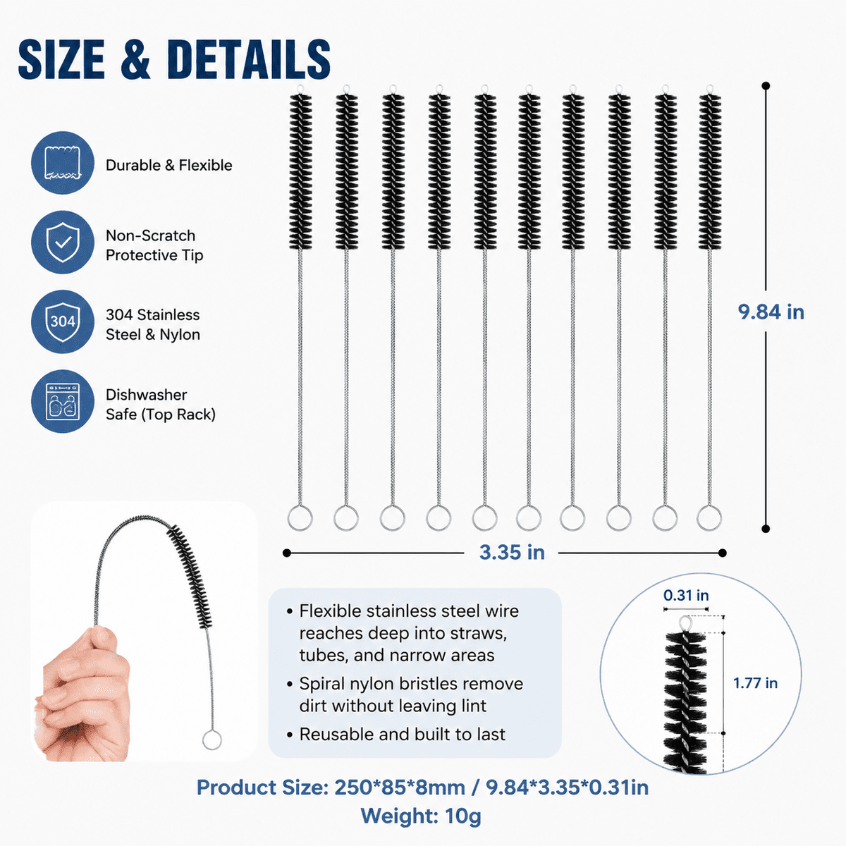 Straw Cleaning Brushes, Ten 10-Inch Spiral Brushes for Straws and Narrow Tubes - Image 4