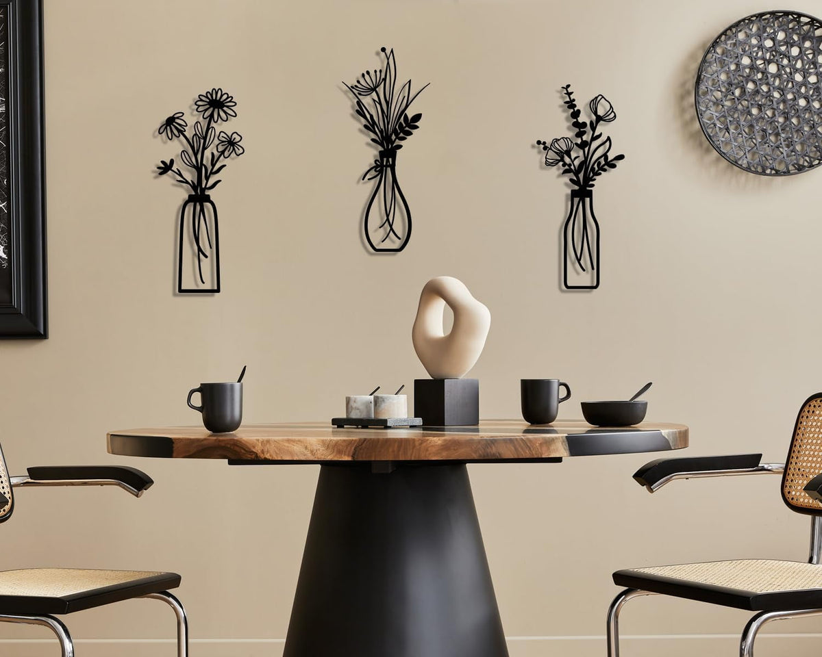 Metal Flower Wall Art, Set of Three Black Silhouette Panels at 6 by 13.7 Inches - Image 4