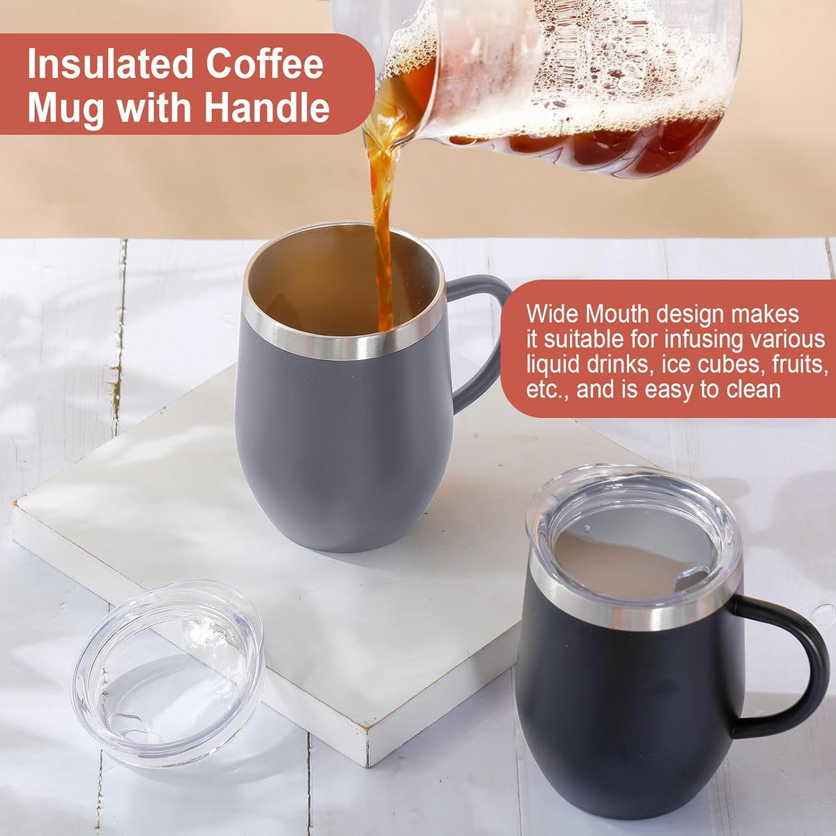 Insulated 12 oz Coffee Mug with Handle and Sliding Lid, Double-Wall Steel - Image 4