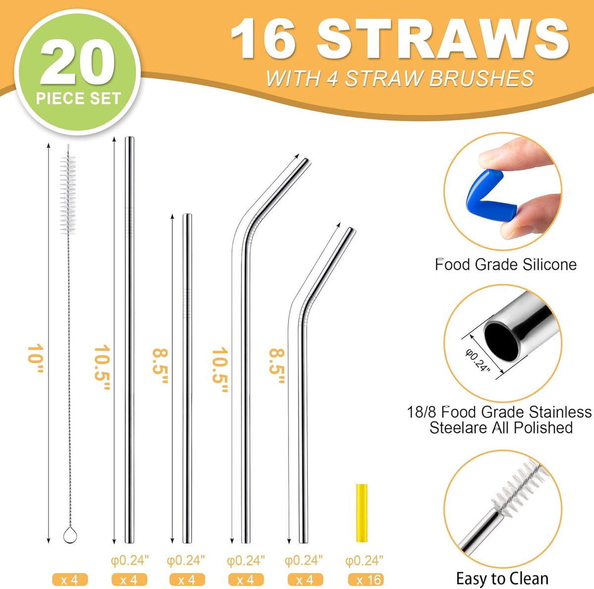 Reusable Stainless Steel Straw Set with Silicone Tips, Brushes and Travel Pouch - Image 2